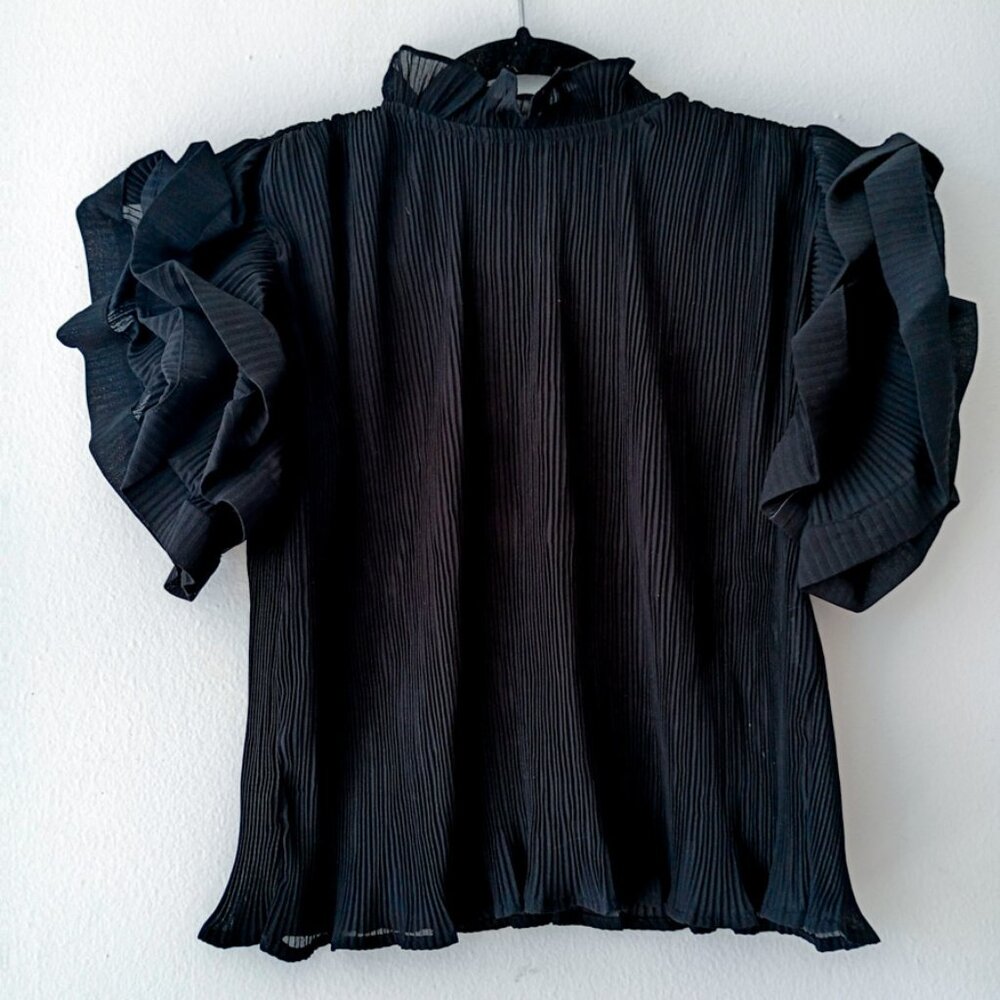 Banjul Women’s Black Pleated Ruffle Top Small – Lightweight Dressy Blouse